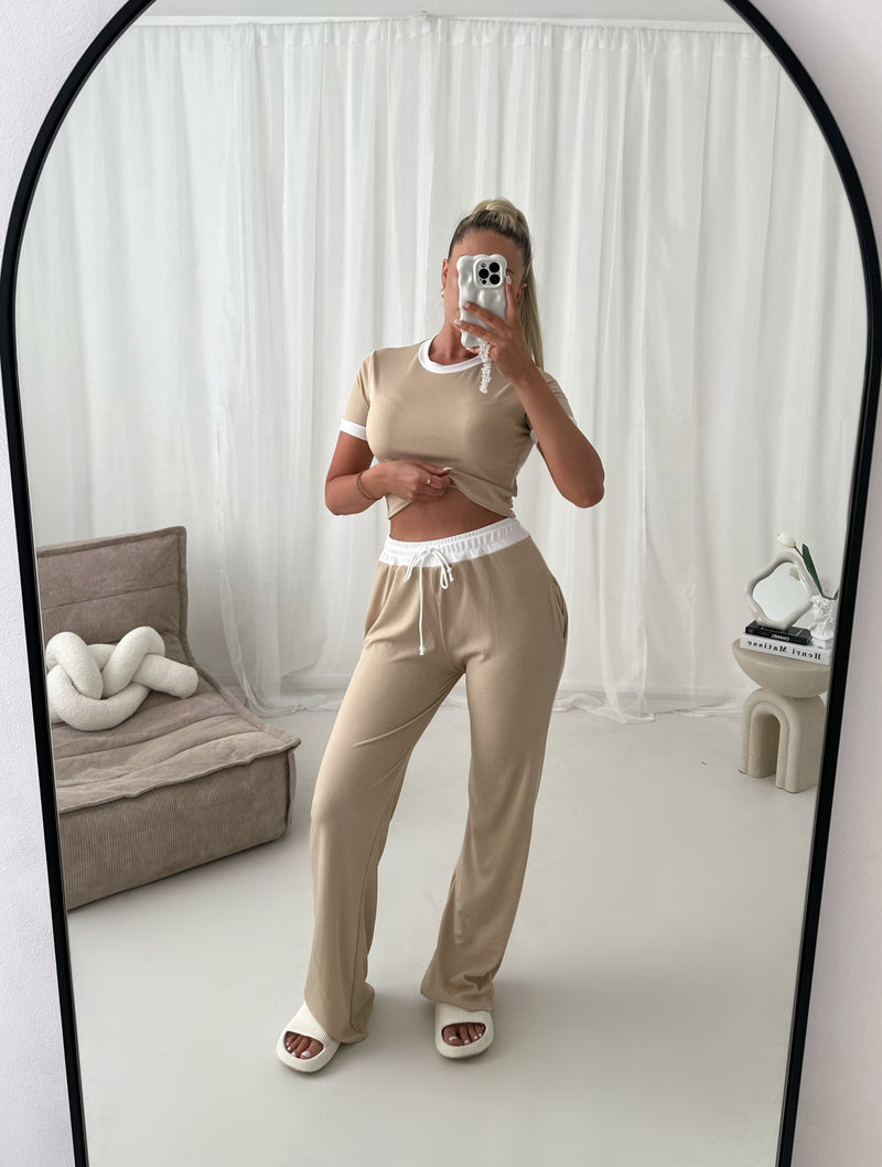 Ribbed Contrast Short Sleeve Crop Top Trouser Two Piece Co-ord