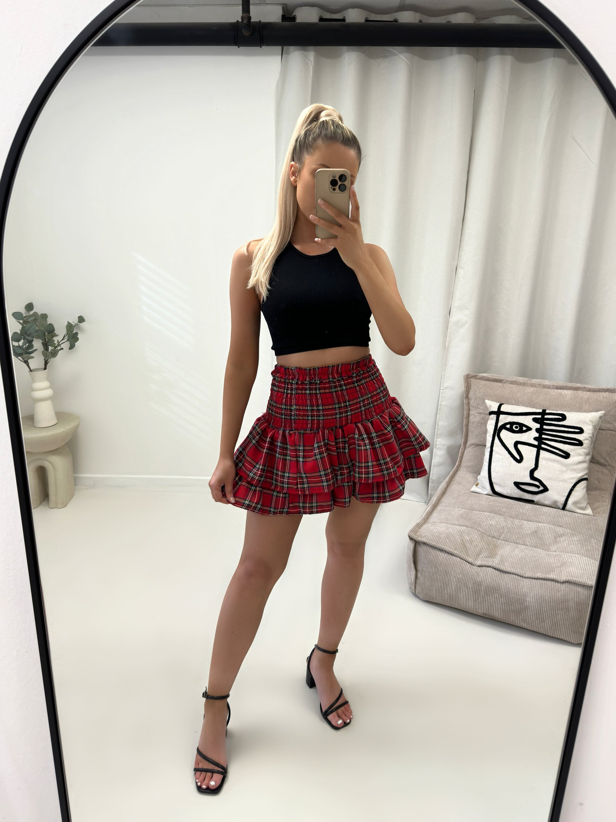 High Waisted RARA Ruffle Mini Skirt BEIGE CLEARANCE –