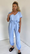 Short Sleeved Tie Up Belted Jumpsuit - Dressmedolly