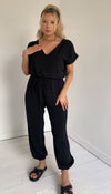 Short Sleeved Tie Up Belted Jumpsuit - Dressmedolly