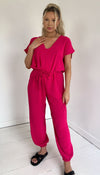 Short Sleeved Tie Up Belted Jumpsuit - Dressmedolly