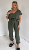 Short Sleeved Tie Up Belted Jumpsuit - Dressmedolly