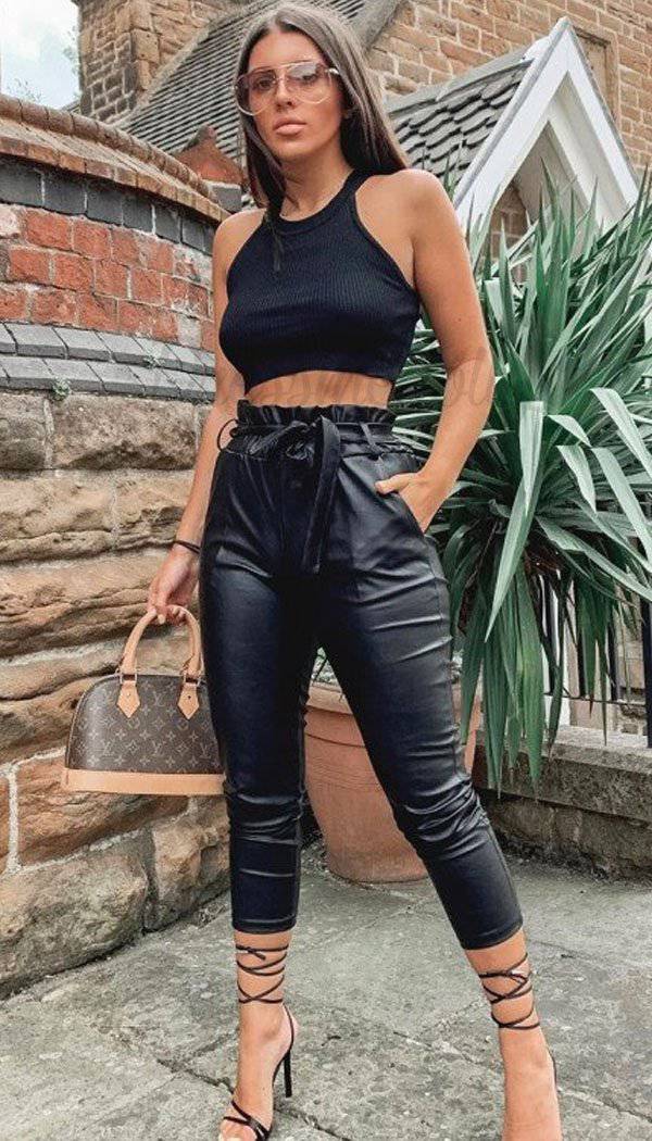 Faux Leather Belted Paper Bag Trousers - Dressmedolly