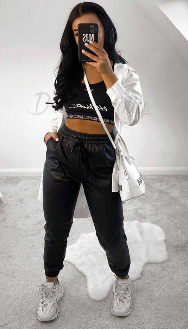 Faux Leather Joggers In Black - Dressmedolly