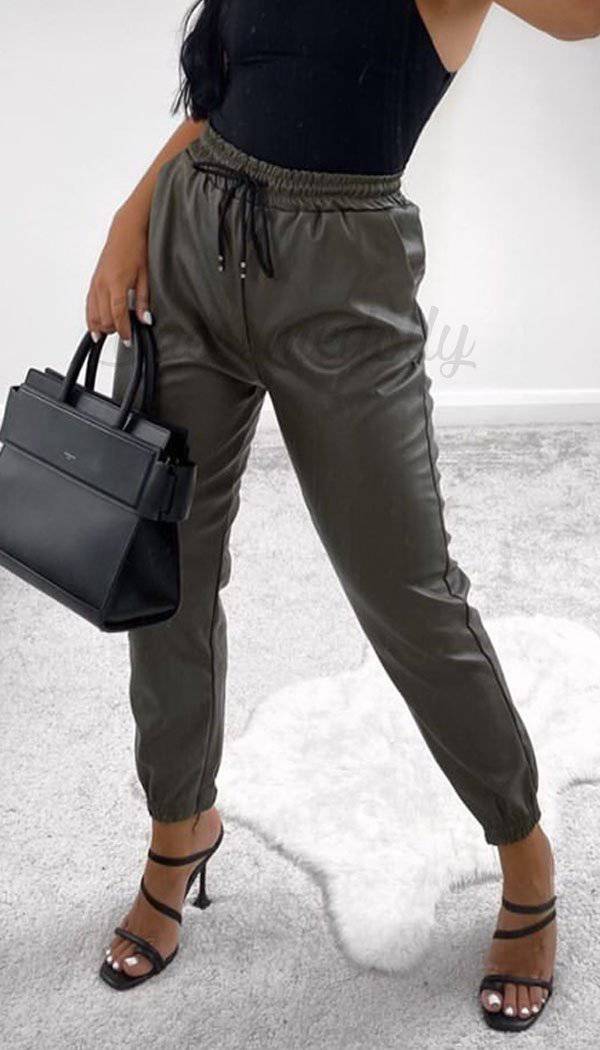 Faux Leather Joggers In Khaki - Dressmedolly