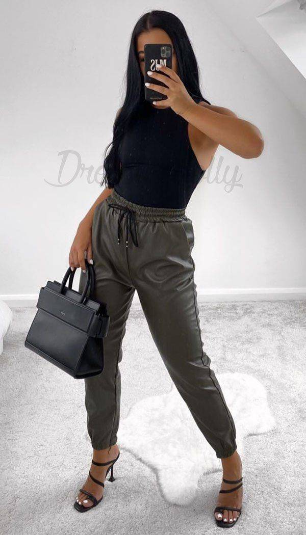 Faux Leather Joggers In Khaki - Dressmedolly