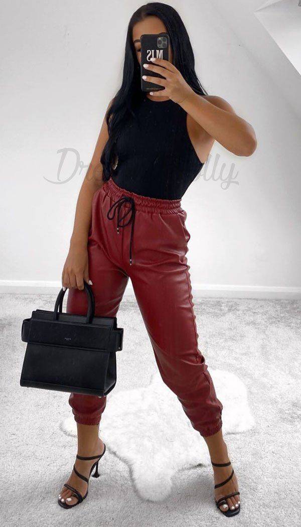 Faux Leather Joggers In Wine - Dressmedolly