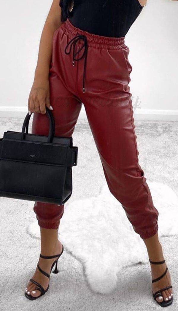 Faux Leather Joggers In Wine - Dressmedolly