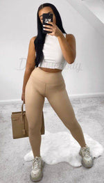 High Waisted Faux Leather Leggings In Beige - Dressmedolly