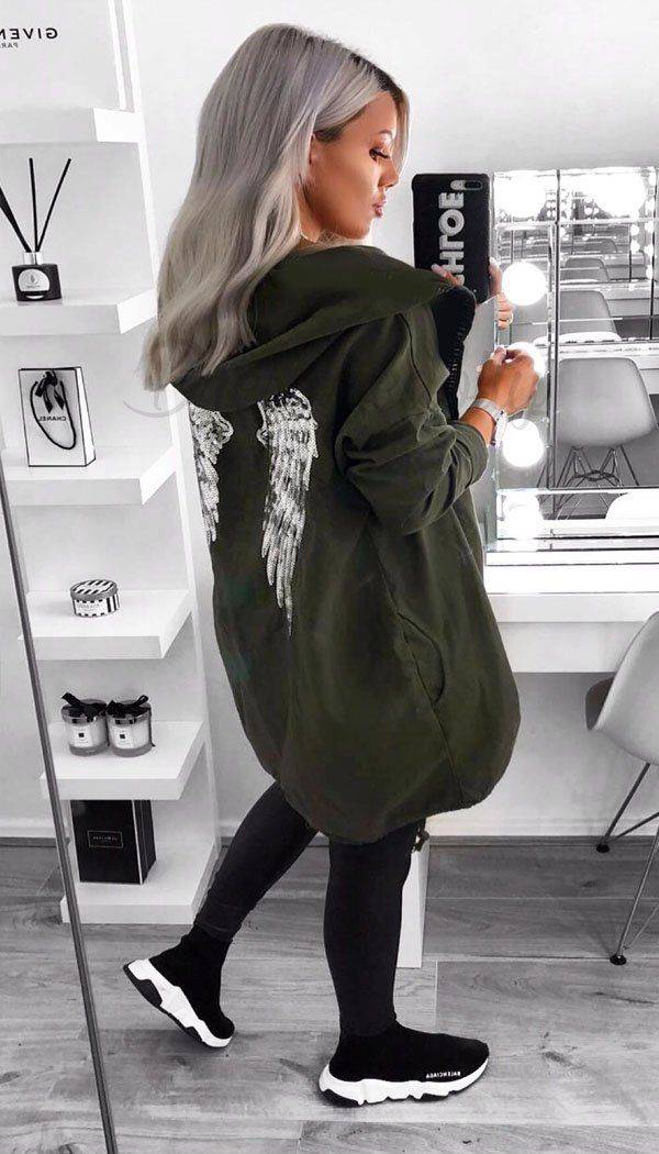 Sequin Angel Wings Hoodie In Khaki - Dressmedolly