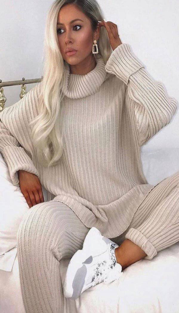 Roll Neck Ribbed Knitted Two Piece Set - Dressmedolly