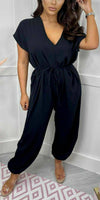 V-Neck Belted Short Sleeved Jumpsuit - Dressmedolly