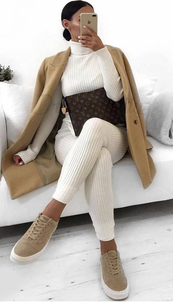 Cream Roll Neck Rib Knitted Sweater Dress