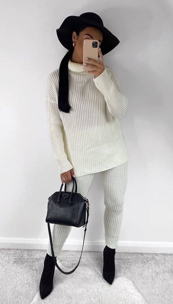 Roll Neck Ribbed Knitted Two Piece Set - Dressmedolly