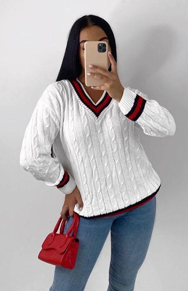 V-Neck Knitted Cricket Jumper - Dressmedolly