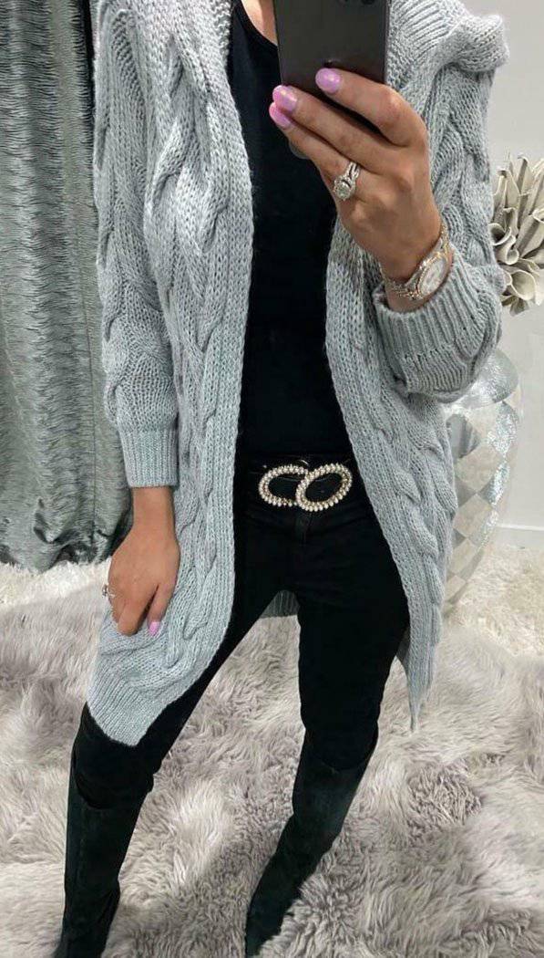 Hooded Cable Chunky Knitted Cardigan - Dressmedolly