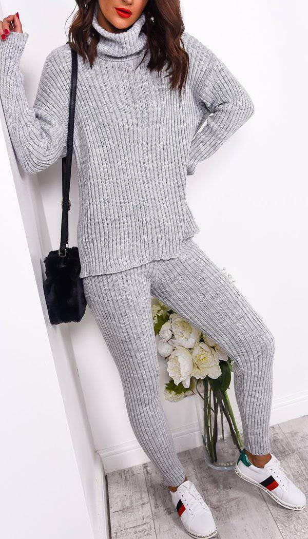 Roll Neck Ribbed Knitted Two Piece Set - Dressmedolly