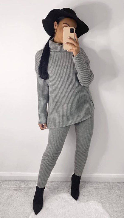 Roll Neck Ribbed Knitted Two Piece Set - Dressmedolly