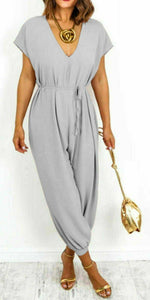 V-Neck Belted Short Sleeved Jumpsuit - Dressmedolly