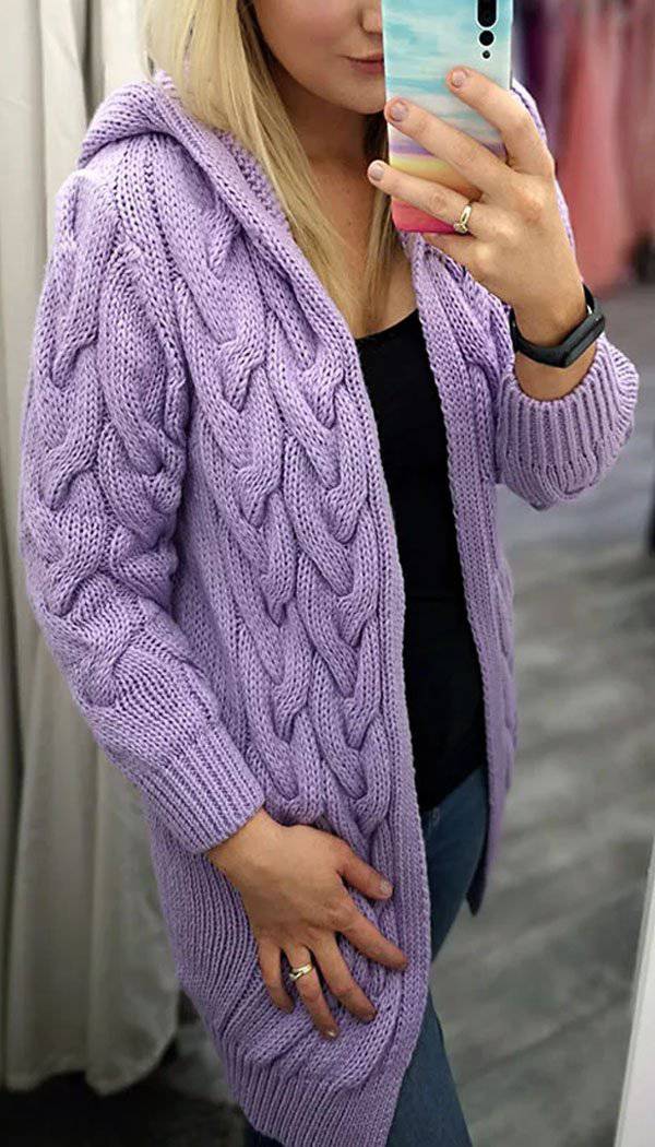 Hooded Cable Chunky Knitted Cardigan - Dressmedolly