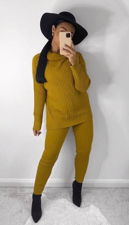 Roll Neck Ribbed Knitted Two Piece Set - Dressmedolly