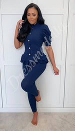 Short Sleeved Peplum Ribbed Button Two Piece Co-ord With Leggings - Dressmedolly