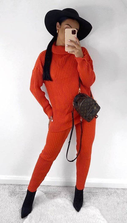 Roll Neck Ribbed Knitted Two Piece Set - Dressmedolly