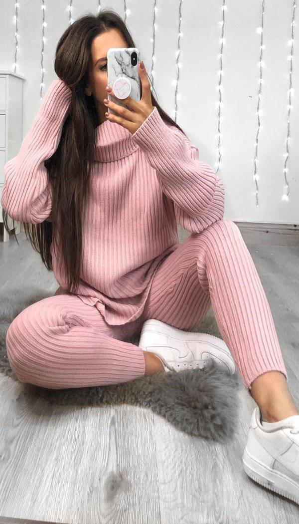 Roll Neck Ribbed Knitted Two Piece Set - Dressmedolly