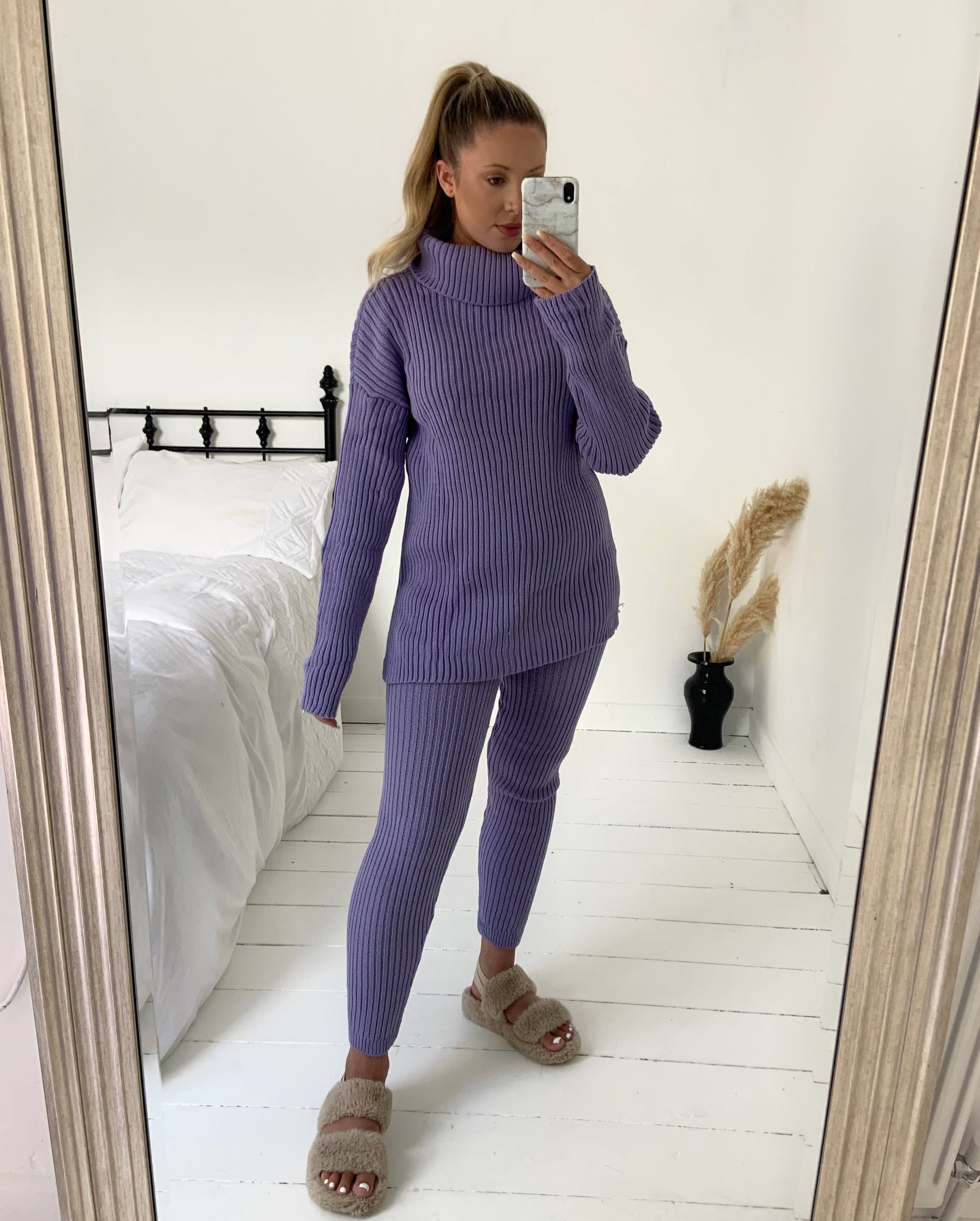 Knitted Roll Neck Ribbed Two Piece Set - Dressmedolly