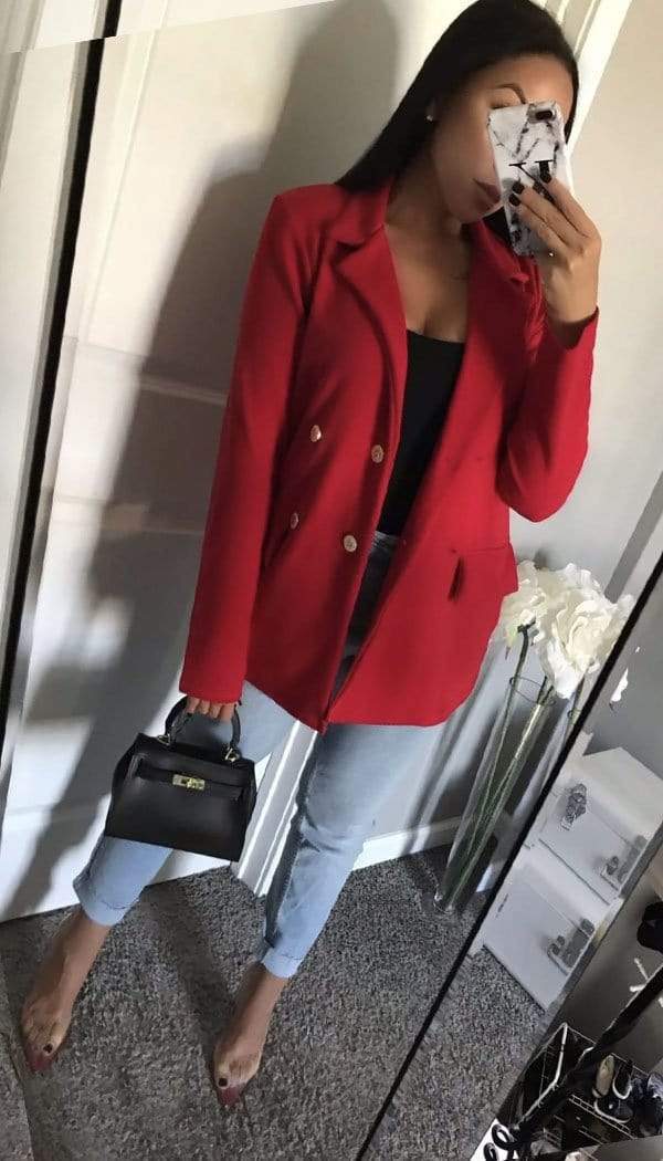 Gold Button Breasted Blazer In Red - Dressmedolly