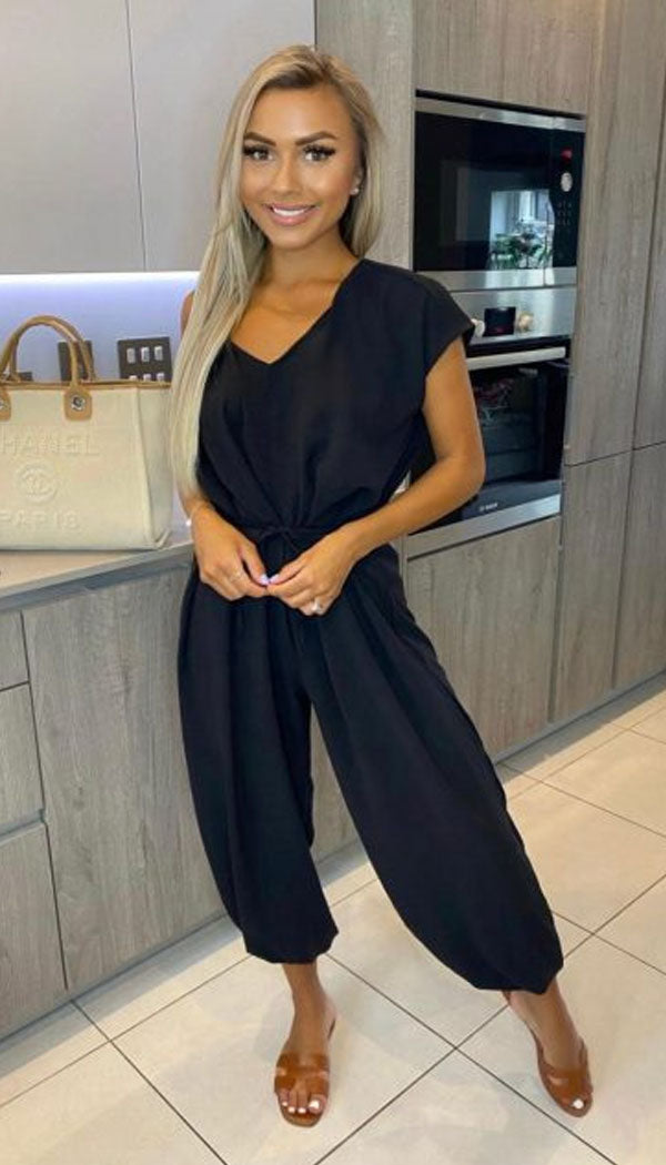 V-Neck Belted Short Sleeved Jumpsuit - Dressmedolly