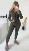 Zip Ribbed Hooded Pocket Lounge Set - Dressmedolly